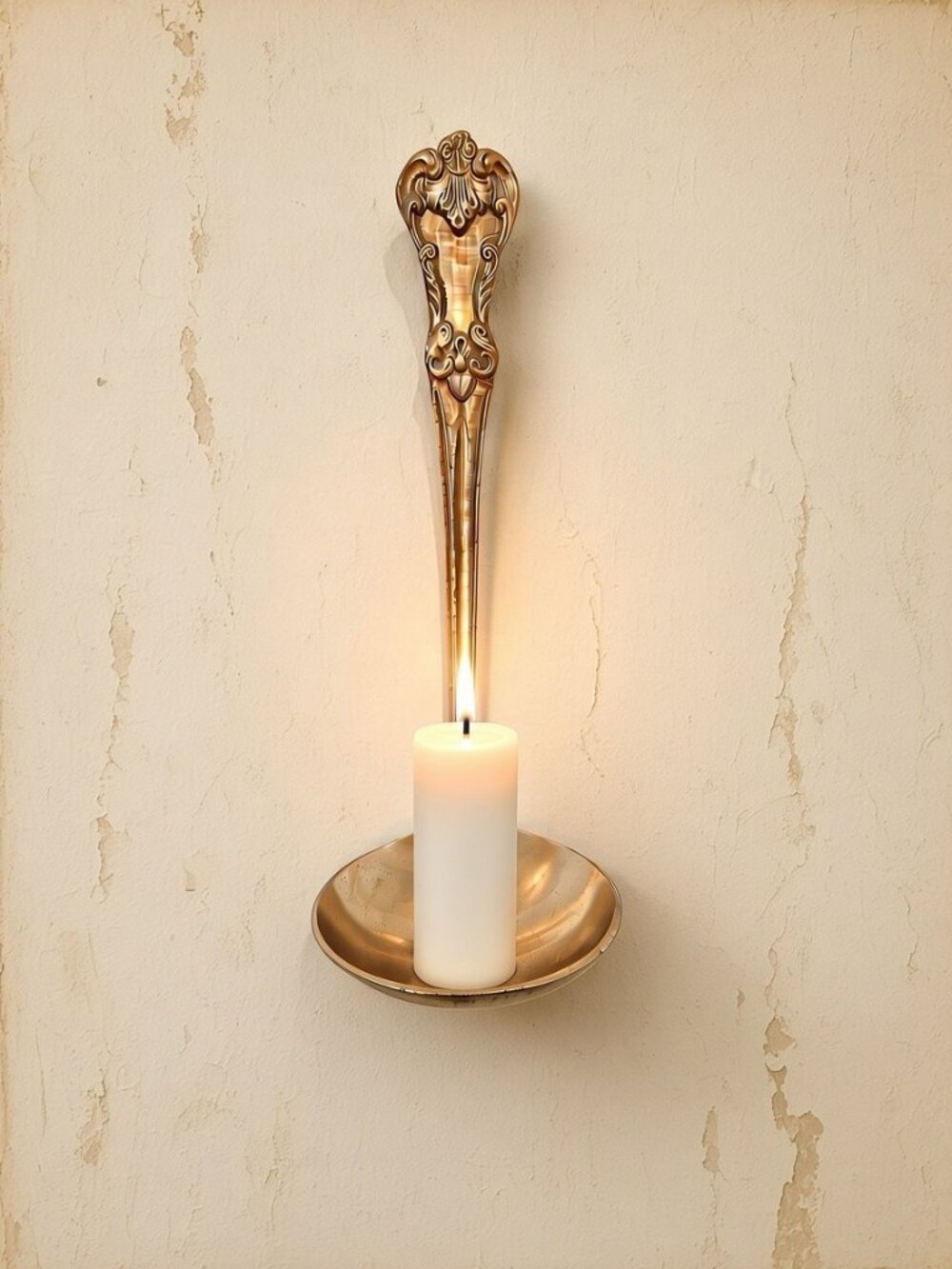 Vintage Brass Ladle Candle Stick Holder Wall Mounted 8 Inches Wall Hook